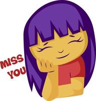Girl with purple hair next to Miss you text vector illustration on a white background