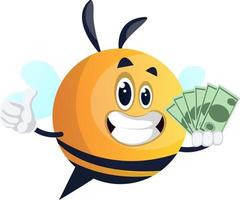 Bee holding cash, illustration, vector on white background.