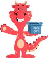 Red dragon is holding discount box, illustration, vector on white background.