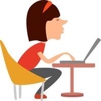 Girl working on laptop, illustration, vector on white background