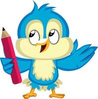 Blue bird holds a red pencil, illustration, vector on white background.
