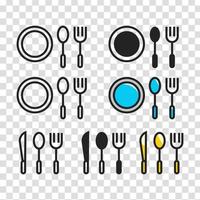 Fork ,knife, spoon, plate line icon set isolated on white background. Dinner, Food symbol vector