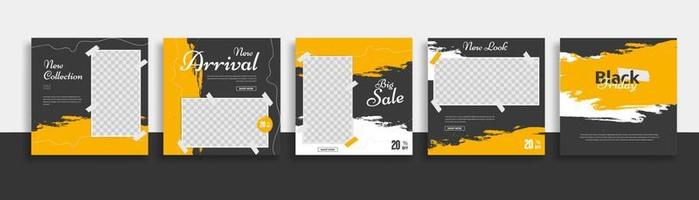 Travel Set of Editable minimal square banner template. black yellow white background color with geometric shapes for social media post, story and web internet ads. Vector illustration