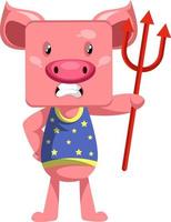 Pig with devil spear, illustration, vector on white background.