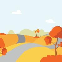 paisaje rural de otoño con árboles, campos y una carretera. ilustración de dibujos animados de vectores