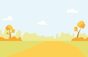 Autumn rural landscape with trees, fields and a road. Vector cartoon illustration