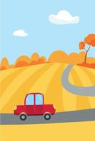 Cartoon autumn landscape. The car is driving on a yellow field. vector