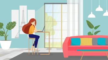 couple of young people working on a laptop while sitting and lying on the sofa in the living room. vector. a man and a woman are working on the internet from home. vector