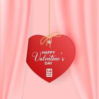 Pink curtain background with red heart. Vector illustration. Happy Valentine s Day. Vector background.