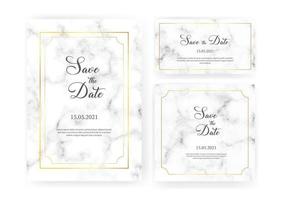 Elegant wedding invitations set with golden geometric frames and gray marble texture. Luxury invitation collection with save the date, rsvp, menu, table number and name card vector templates