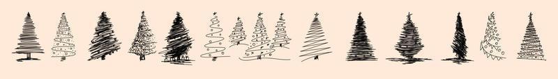 Set of hand drawn christmas tree. Holiday decoration isolated elements. Vector illustration. Different type and style pine tree hand drawn set.