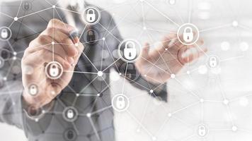 Cyber security, information privacy, data protection concept on modern server room background. Internet and digital technology concept photo