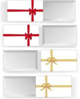 Various white boxes with red and golden ribbon bows mockup. Xmas and New Year container with silk tape decoration. Many realistic gift boxes isolated on white background vector illustration.