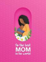 Mother s day origami paper art greeting card in trendy style with frame, patterns, flowers, african woman holding baby silhouette. Colorful carved vector illustration.