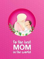 Paper style mothers day with flowers. Muslim mother hugging her son Premium Vector. Muslim mothers with son paper style vector