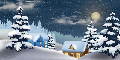 Vector of winter landscape. Merry Christmas. Vector village snow illustration, Night snow village illustration.