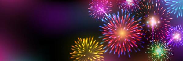 Brightly Colorful Fireworks on twilight background. Vector illustration realistic fireworks.