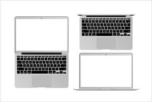 conjunto de portátiles vectoriales con pantalla en blanco aislada en fondo blanco. vista superior y frontal con pantalla en blanco. conjunto de cuaderno vectorial. vector