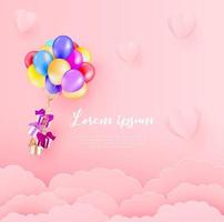 Vector illustration of gift boxes, balloons hang the gift box on the sky. Paper art and digital craft style