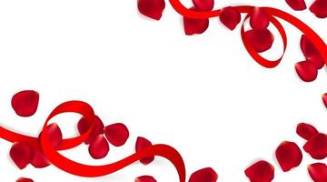 Valentines day festive composition with two red rose petals and red ribbon on a white background. Top view vector illustration. Mother day Banner design