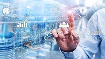 Business process abstract diagram with gears and icons. Workflow and automation technology concept. photo