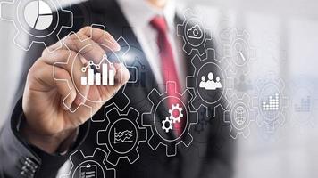 Business process abstract diagram with gears and icons. Workflow and automation technology concept photo