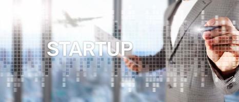 Startup concept with double exposure diagrams blurred background. photo