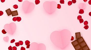 amo el chocolate tarjeta de felicitación del día de san valentín. estilo de corte de papel de corazones blancos rojos y postre, dulces en coral. origami felices fiestas. espacio para texto. vector