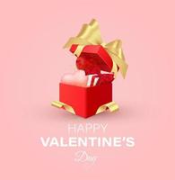 diseño del día de san valentín. cajas de regalos rojas realistas. caja de regalo abierta llena de objetos festivos decorativos. banner de vacaciones, póster web, volante, folleto elegante, tarjeta de felicitación, portada. fondo romántico. vector