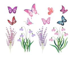 colección de elementos florales con mariposas voladoras, rosa mosqueta, hojas y nomeolvides, ilustración vectorial.