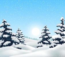 Winter landscape with snowy forest and birds, vector illustration.