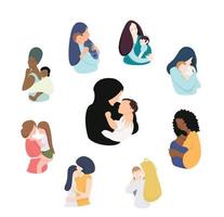 ilustración vectorial con una colección diferente para el concepto de celebración de la madre feliz. madres felices africanas, rusas, asiáticas, árabes con niños e ilustraciones vectoriales. vector