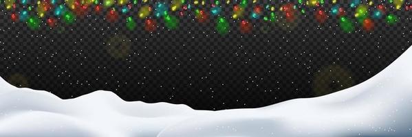 Snow with glowing Christmas lights isolated on transparent background. White snow flakes falling and Xmas garlands strings. Vector snowfall, snowflakes flying in winter air