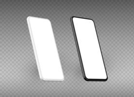 A black and a white realistic vector smartphones isolated on a grey background.