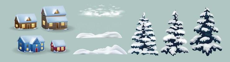 Set of cute Christmas landscape, town and village. Houses, snow and trees. Isolated winter vector objects, flat design. Set of winter.