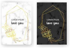 Elegant wedding invitations set with golden geometric frames and gray marble texture. Luxury invitation collection with save the date, rsvp, menu, table number and name card vector templates