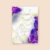 Modern vector template wedding invitation cards with marble texture background and golden geometric lines in the A4 size