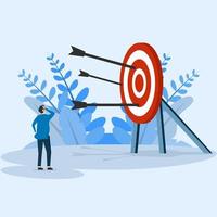 Entrepreneurs who fail to achieve targets. Not hitting the target, arrows all around. The male character is confused about the bow and arrow not hitting the target. Entrepreneurs fail. vector