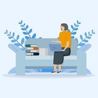Happy freelancer working with laptop at home. Woman sitting on sofa chair, using laptop. Vector illustration for freelancer, morning, planning, routine concept