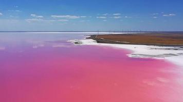 aerial view to pink lake with salt shore with little islands with copy space in Ukraine photo