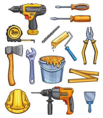 Vector work tools home repair color sketch icons