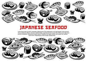 Japanese seafood poster of vector rolls and sushi