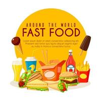 Fast food poster with lunch dishes and drinks vector