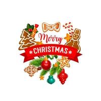 Christmas tree with cookie and ribbon banner badge vector