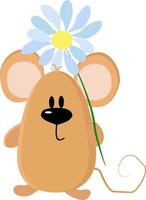 Mouse with flower, illustration, vector on white background.