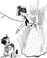 mujer regañando a un niño, ilustración vintage. vector