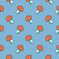 Red mushroom , seamless pattern on a Blue background. vector