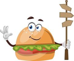 Burger with road sign, illustration, vector on white background.