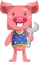 Pig with wrench, illustration, vector on white background.