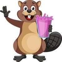 Beaver with pink jucie, illustration, vector on white background.